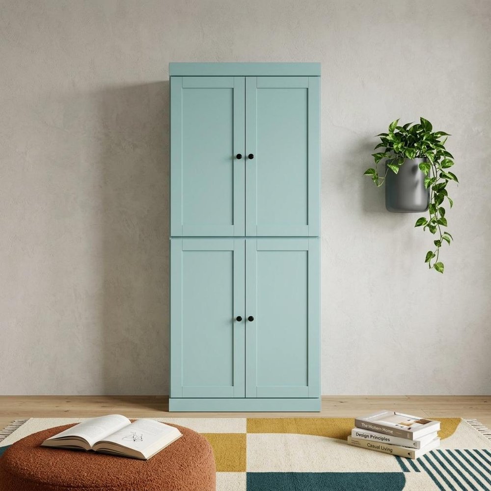 72" Aqua Solid Wood Adjustable Six Tier Library Bookcase with Four Doors
