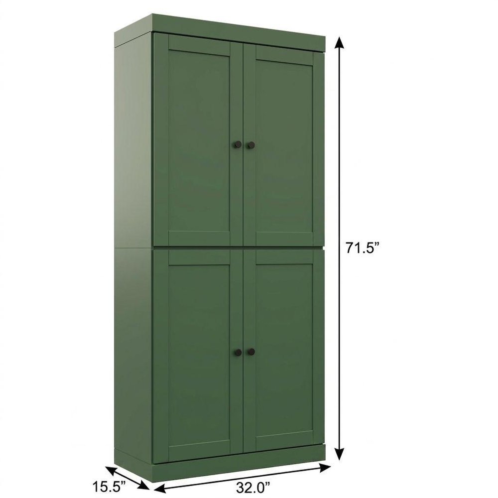 72" Green Solid Wood Adjustable Six Tier Library Bookcase with Four Doors