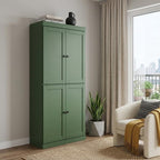 72" Green Solid Wood Adjustable Six Tier Library Bookcase with Four Doors