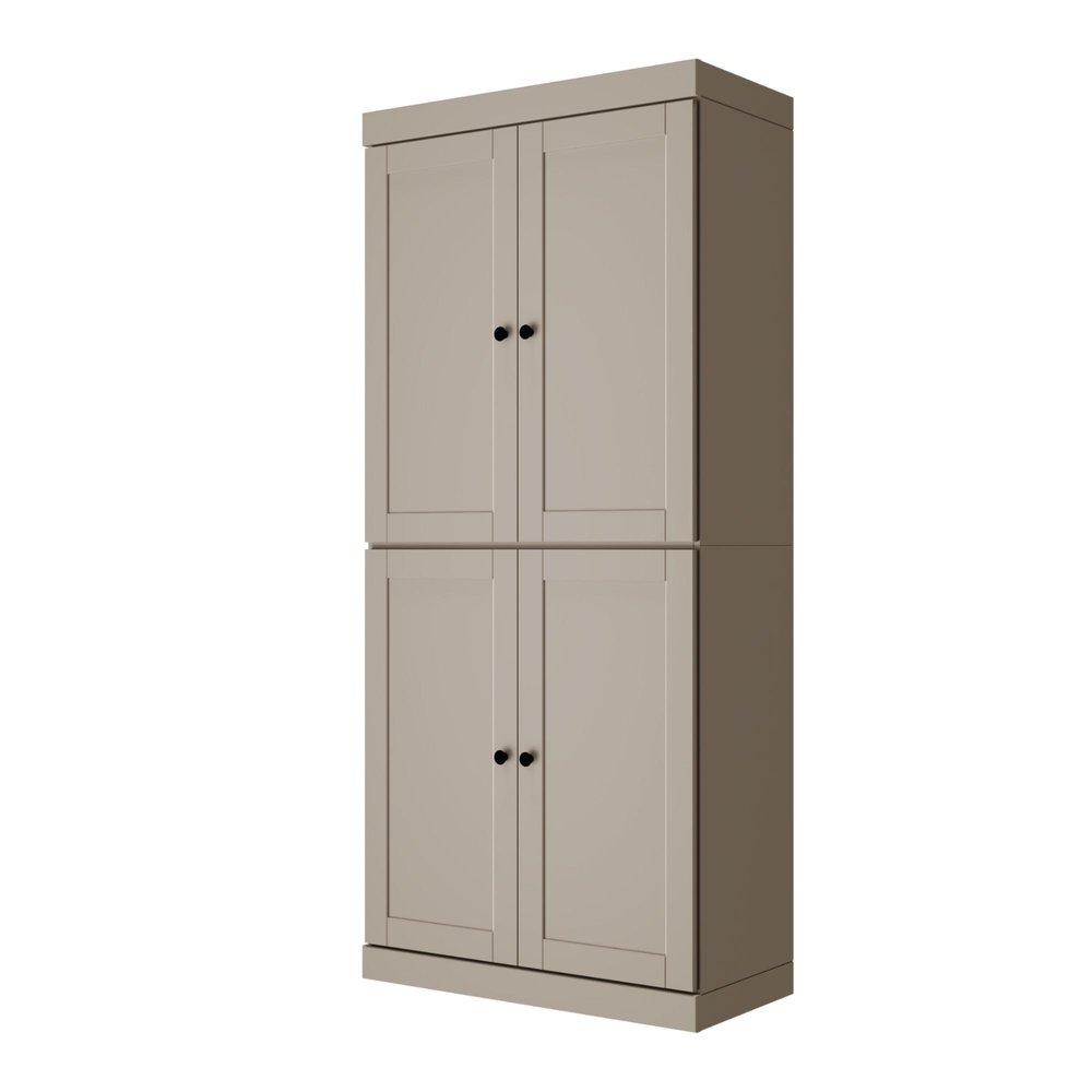 72" Beige Solid Wood Adjustable Six Tier Library Bookcase with Four Doors