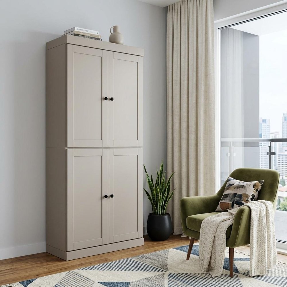 72" Beige Solid Wood Adjustable Six Tier Library Bookcase with Four Doors