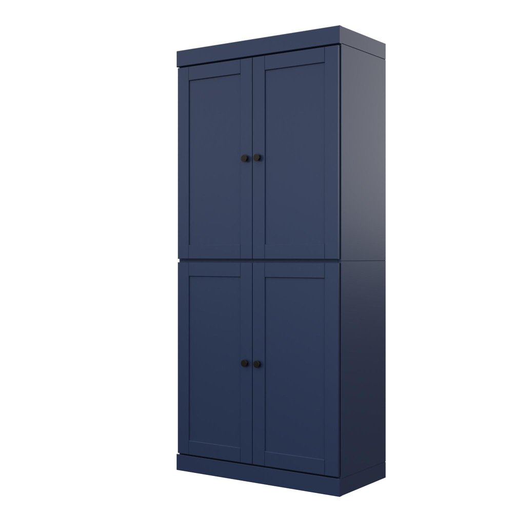 72" Navy Blue Solid Wood Adjustable Six Tier Library Bookcase with Four Doors