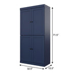 72" Navy Blue Solid Wood Adjustable Six Tier Library Bookcase with Four Doors