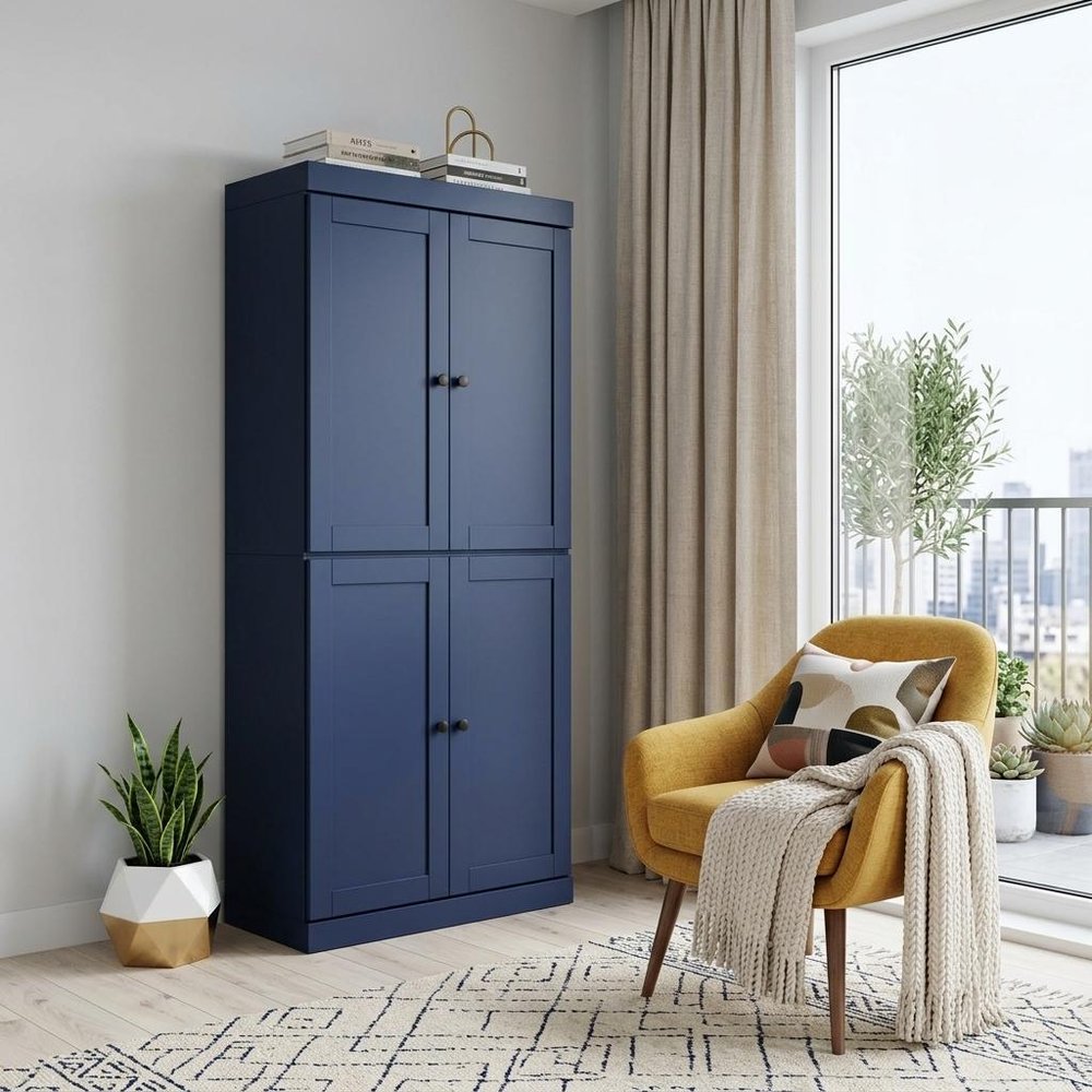 72" Navy Blue Solid Wood Adjustable Six Tier Library Bookcase with Four Doors