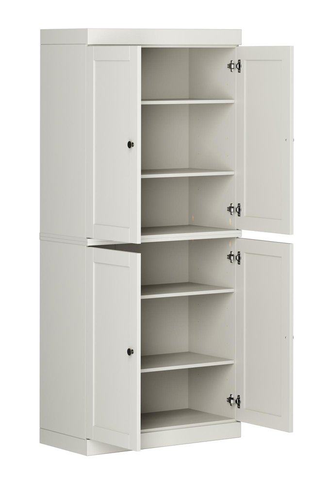 72" Off White Solid Wood Adjustable Six Tier Library Bookcase with Four Doors