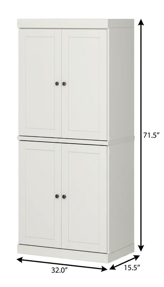72" Off White Solid Wood Adjustable Six Tier Library Bookcase with Four Doors