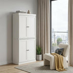 72" Off White Solid Wood Adjustable Six Tier Library Bookcase with Four Doors