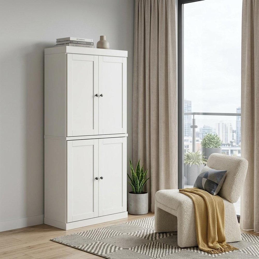 72" Off White Solid Wood Adjustable Six Tier Library Bookcase with Four Doors