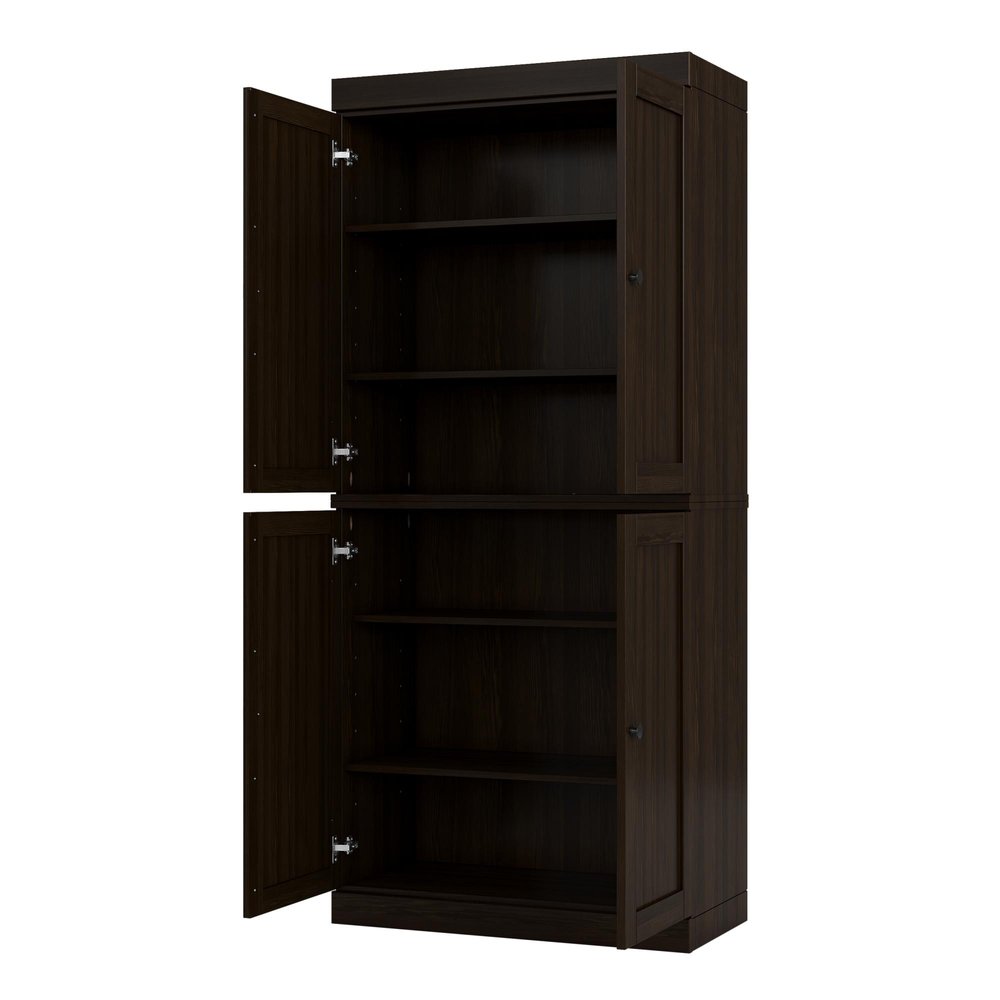 72" Espresso Solid Wood Adjustable Six Tier Library Bookcase with Four Doors