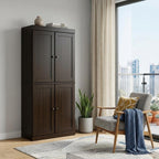 72" Espresso Solid Wood Adjustable Six Tier Library Bookcase with Four Doors