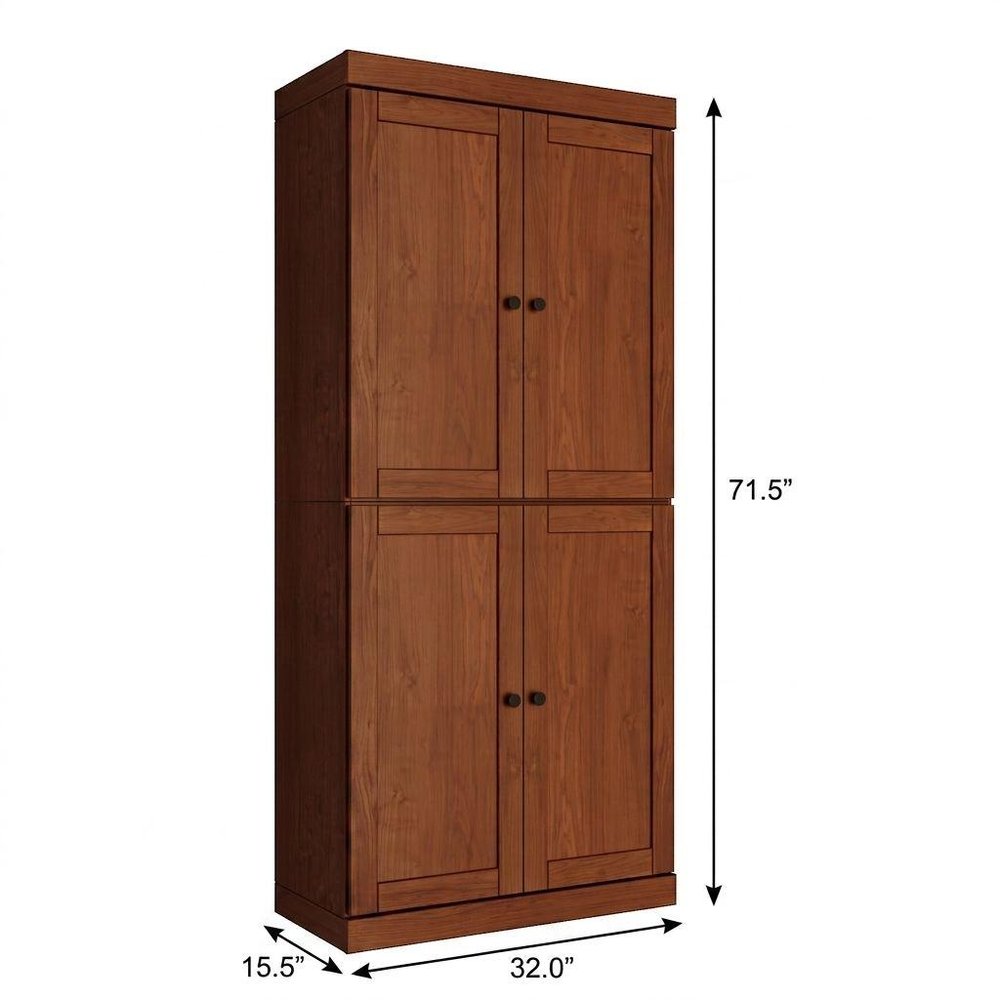 72" Coffee Solid Wood Adjustable Six Tier Library Bookcase with Four Doors