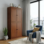 72" Coffee Solid Wood Adjustable Six Tier Library Bookcase with Four Doors