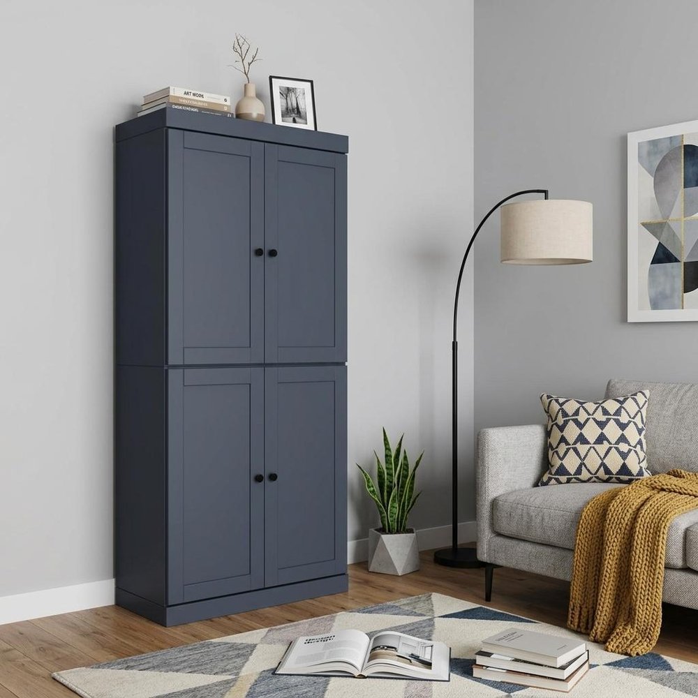 72" French Blue Solid Wood Adjustable Six Tier Library Bookcase with Four Doors