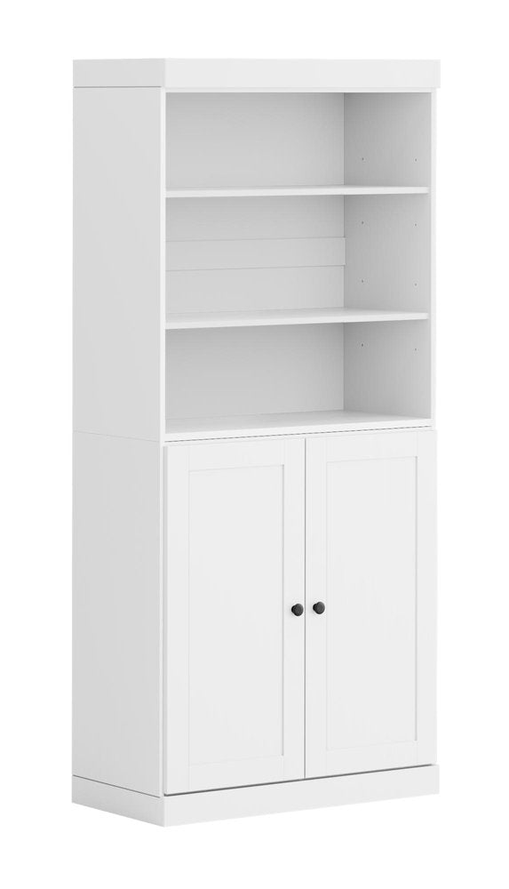 72" White Solid Wood Adjustable Six Tier Library Bookcase with Two Doors