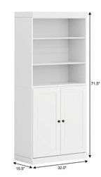 72" White Solid Wood Adjustable Six Tier Library Bookcase with Two Doors