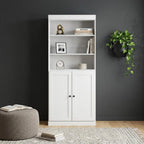 72" White Solid Wood Adjustable Six Tier Library Bookcase with Two Doors