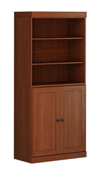 72" Coffee Solid Wood Adjustable Six Tier Library Bookcase with Two Doors