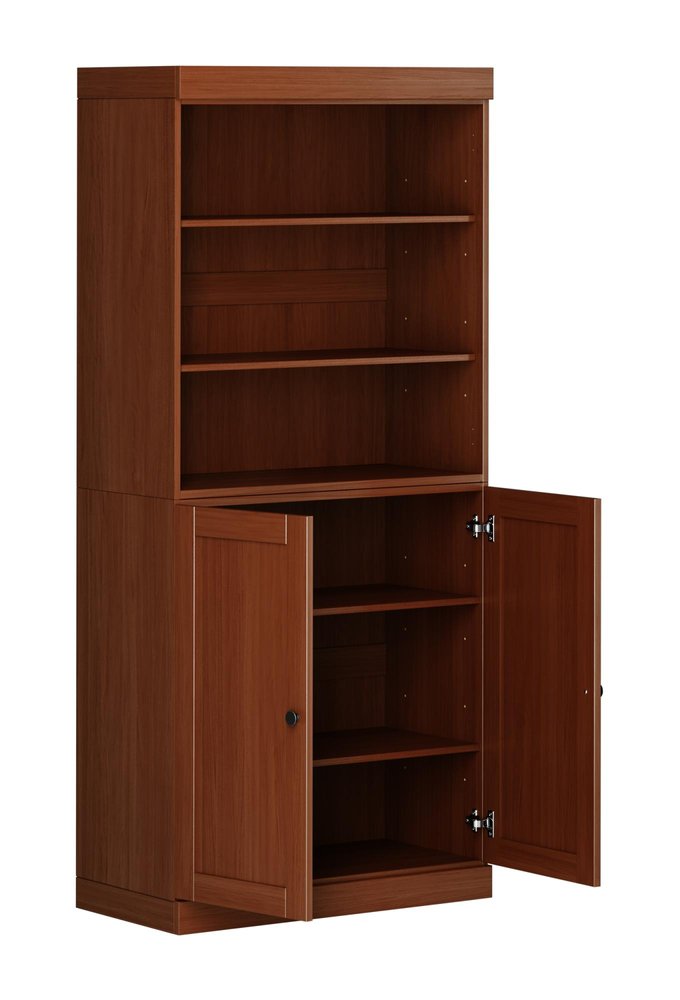 72" Coffee Solid Wood Adjustable Six Tier Library Bookcase with Two Doors