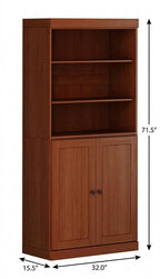 72" Coffee Solid Wood Adjustable Six Tier Library Bookcase with Two Doors