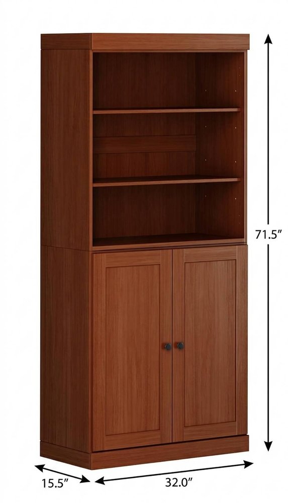 72" Coffee Solid Wood Adjustable Six Tier Library Bookcase with Two Doors