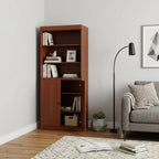 72" Coffee Solid Wood Adjustable Six Tier Library Bookcase with Two Doors
