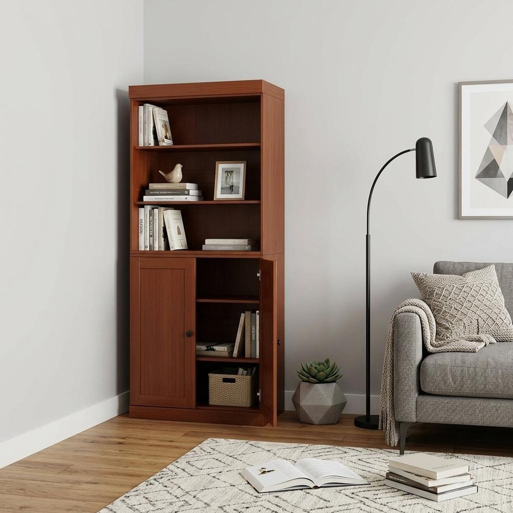 72" Coffee Solid Wood Adjustable Six Tier Library Bookcase with Two Doors