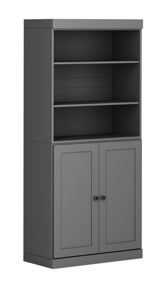 72" Gray Solid Wood Adjustable Six Tier Library Bookcase with Two Doors