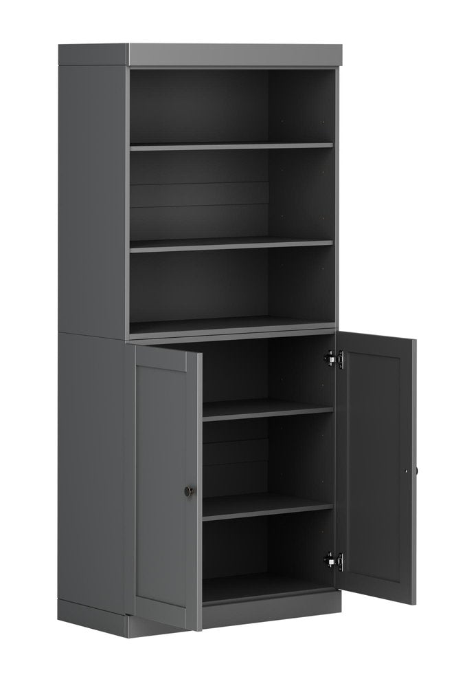 72" Gray Solid Wood Adjustable Six Tier Library Bookcase with Two Doors