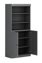 72" Gray Solid Wood Adjustable Six Tier Library Bookcase with Two Doors