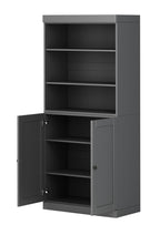 72" Gray Solid Wood Adjustable Six Tier Library Bookcase with Two Doors
