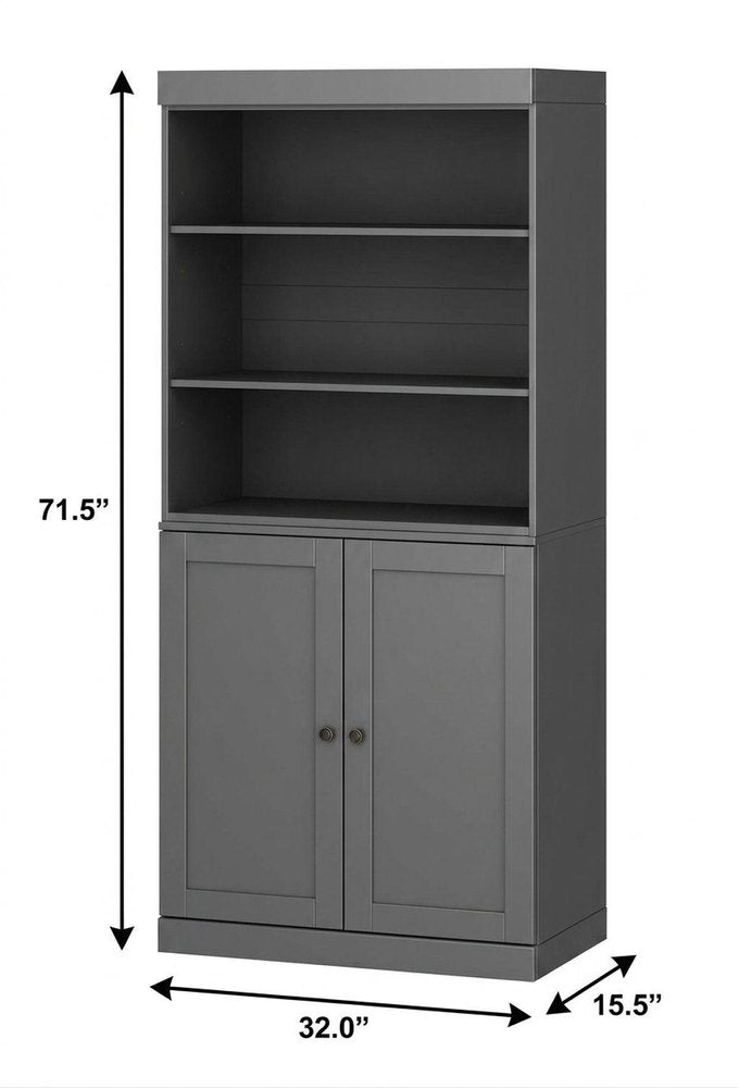 72" Gray Solid Wood Adjustable Six Tier Library Bookcase with Two Doors