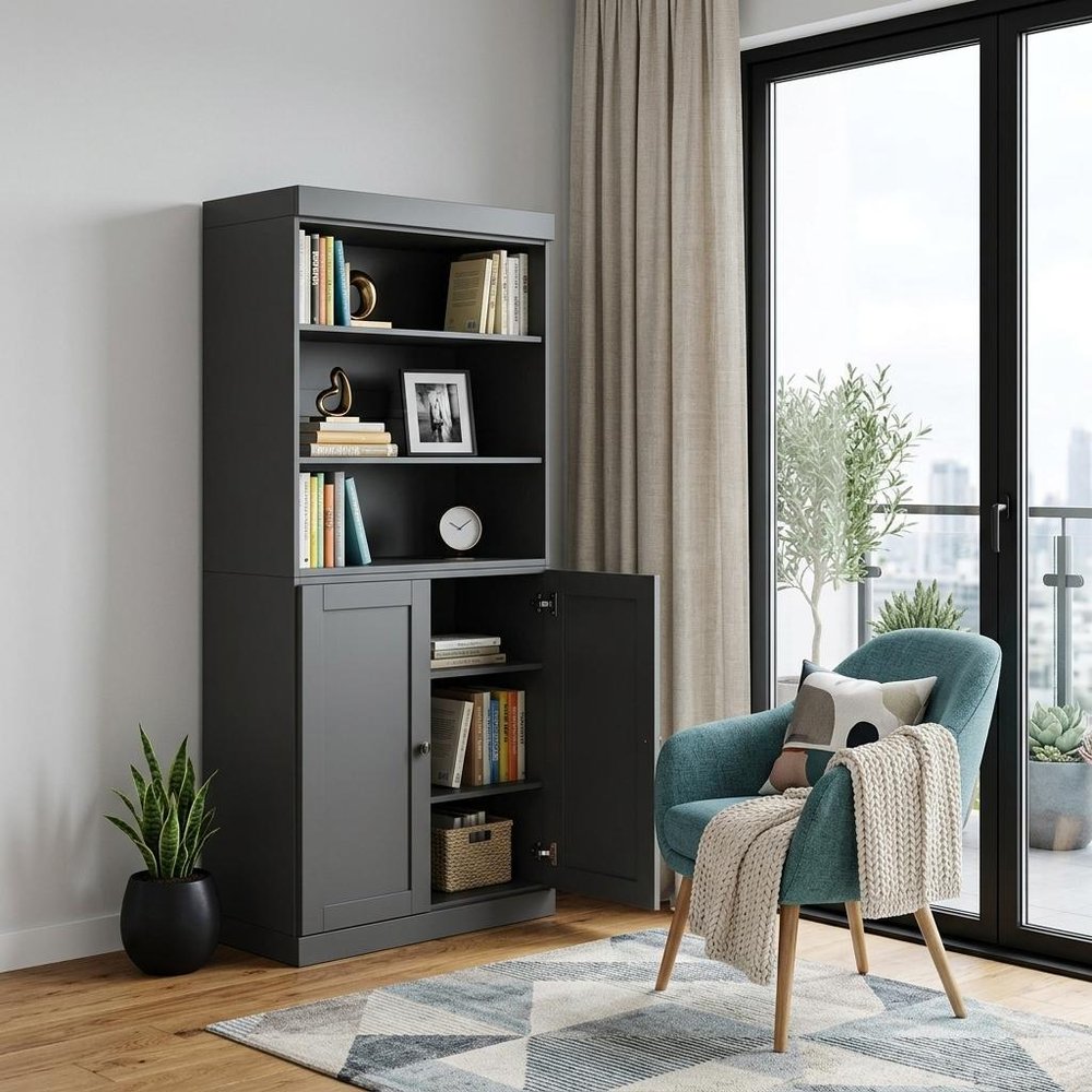 72" Gray Solid Wood Adjustable Six Tier Library Bookcase with Two Doors