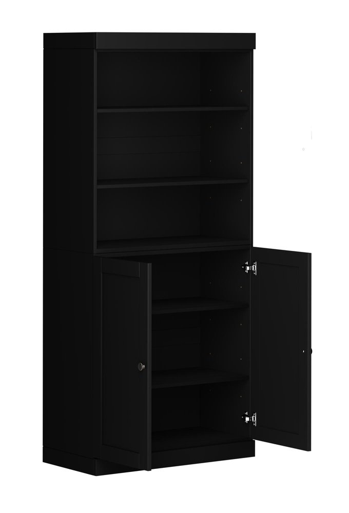 72" Black Solid Wood Adjustable Six Tier Library Bookcase with Two Doors