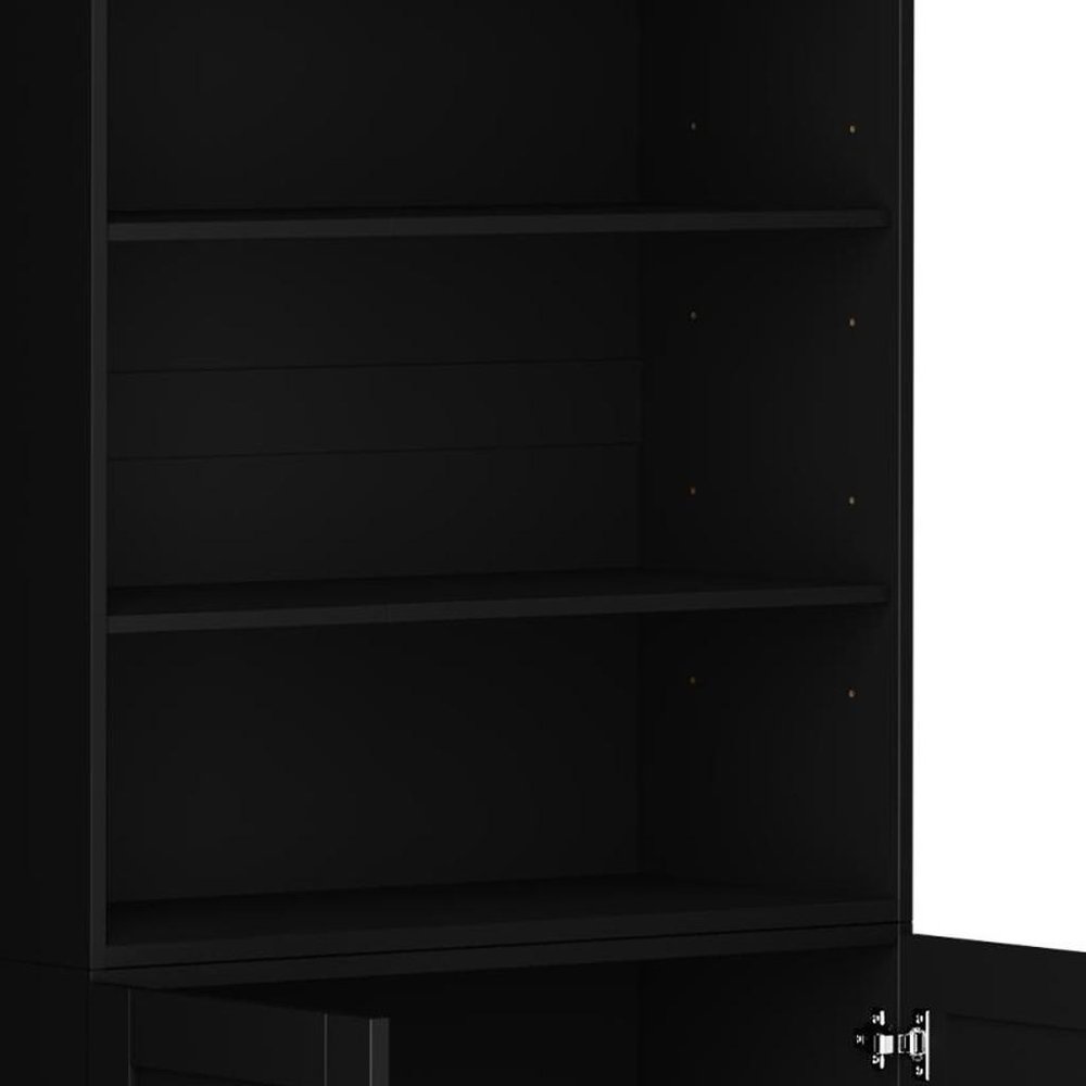 72" Black Solid Wood Adjustable Six Tier Library Bookcase with Two Doors