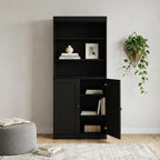 72" Black Solid Wood Adjustable Six Tier Library Bookcase with Two Doors