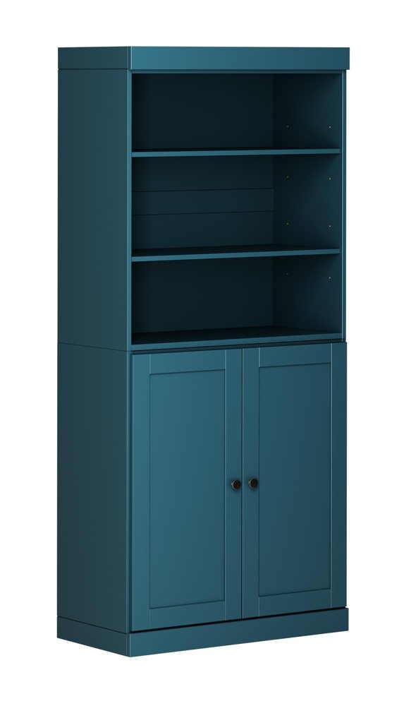 72" Teal Blue Solid Wood Adjustable Six Tier Library Bookcase with Two Doors