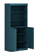 72" Teal Blue Solid Wood Adjustable Six Tier Library Bookcase with Two Doors