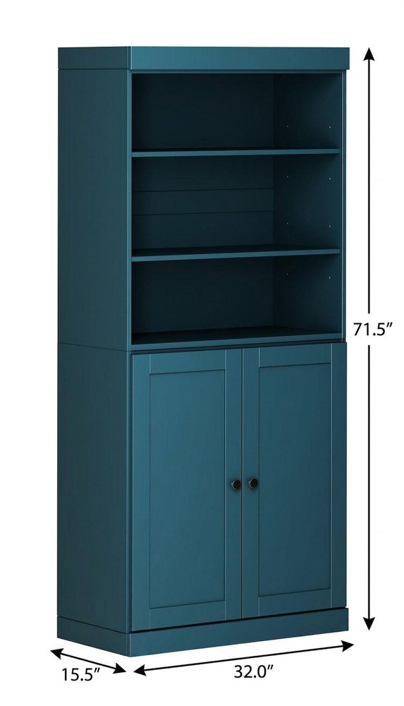 72" Teal Blue Solid Wood Adjustable Six Tier Library Bookcase with Two Doors