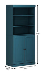 72" Teal Blue Solid Wood Adjustable Six Tier Library Bookcase with Two Doors