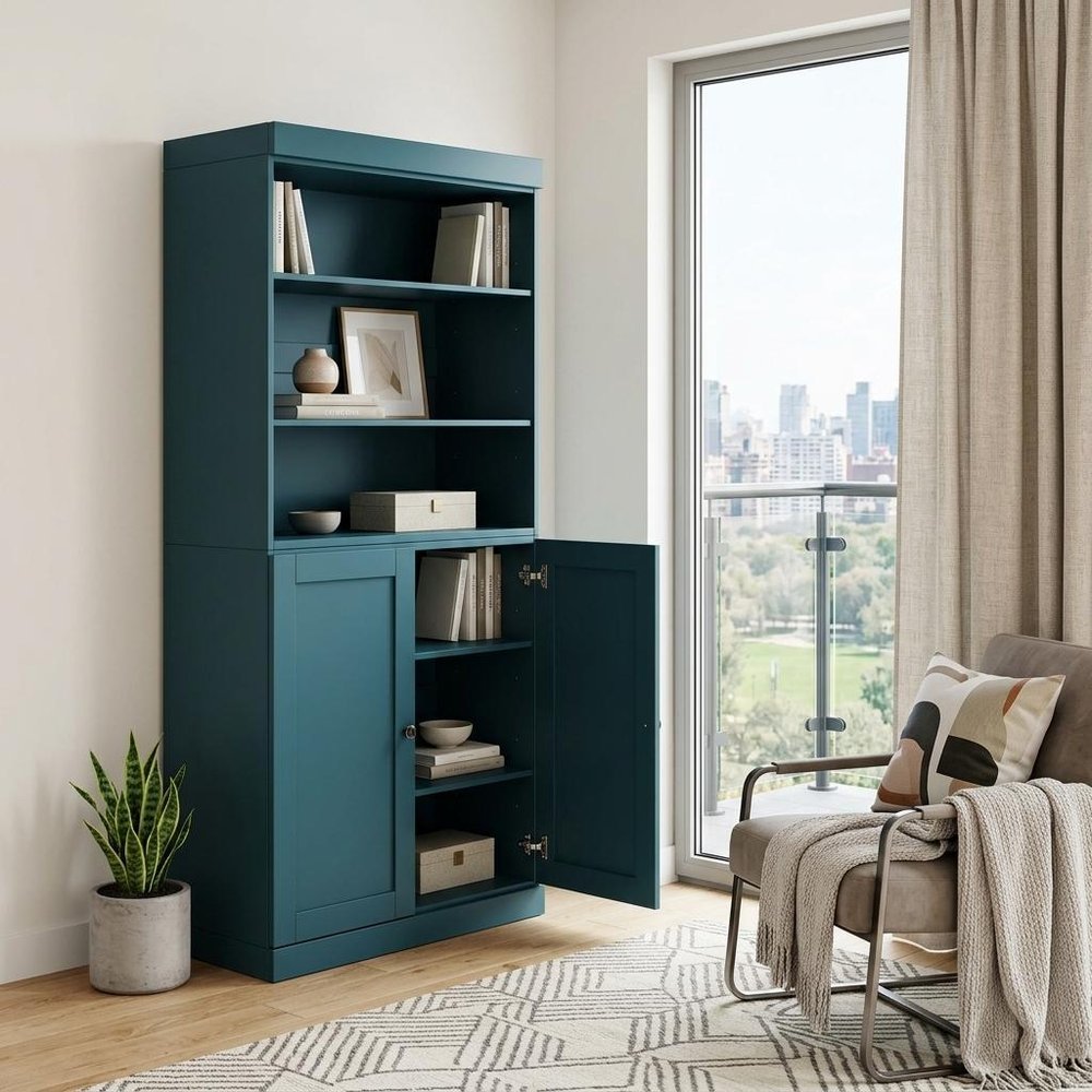 72" Teal Blue Solid Wood Adjustable Six Tier Library Bookcase with Two Doors