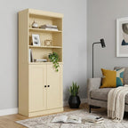 72" Yellow Solid Wood Adjustable Six Tier Library Bookcase with Two Doors