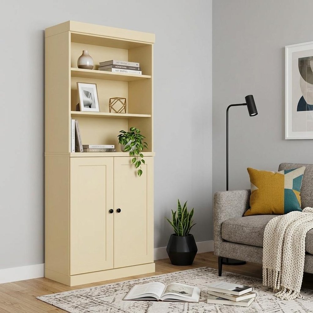 72" Yellow Solid Wood Adjustable Six Tier Library Bookcase with Two Doors