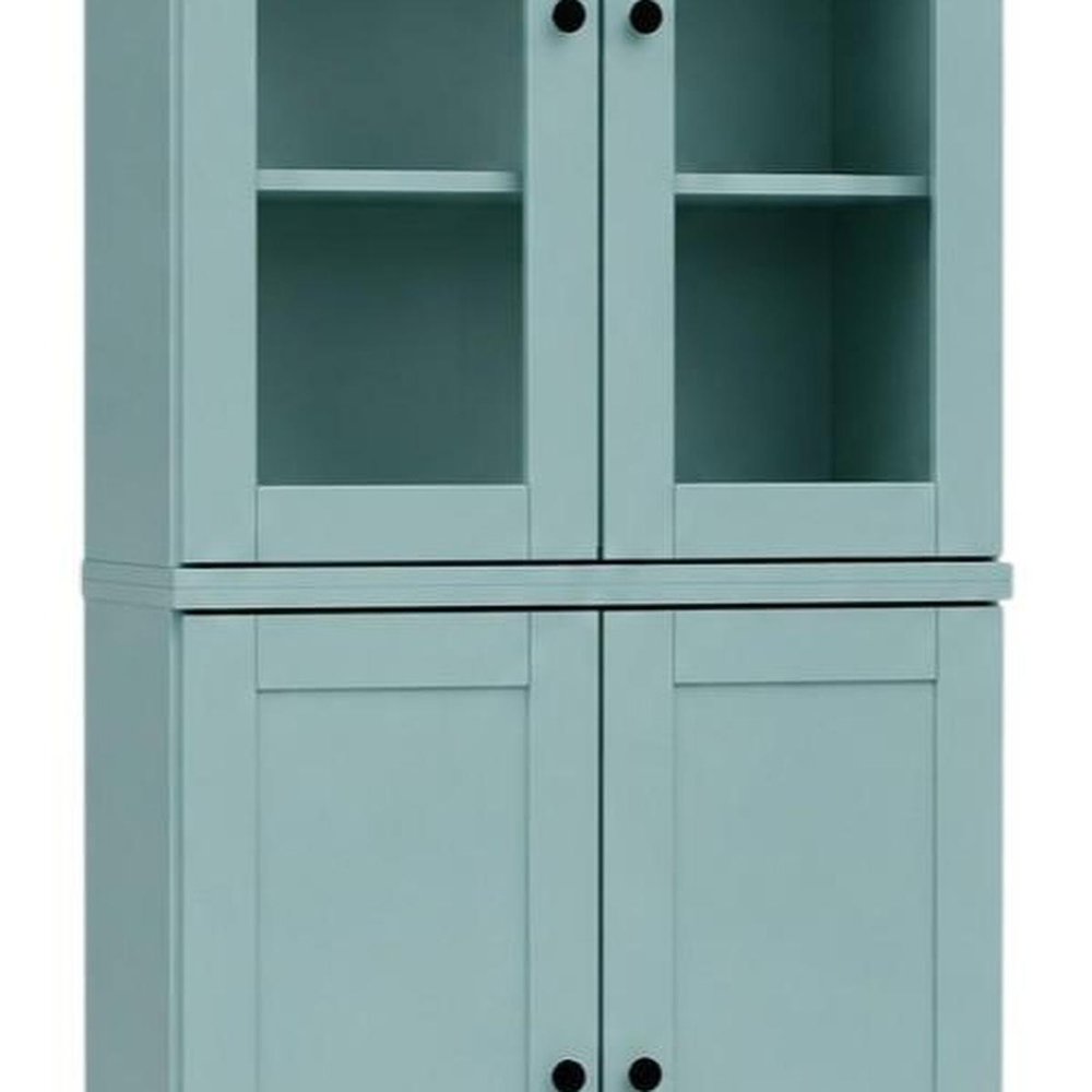 72" Aqua Solid Wood Adjustable Six Tier Library Bookcase with Two Doors