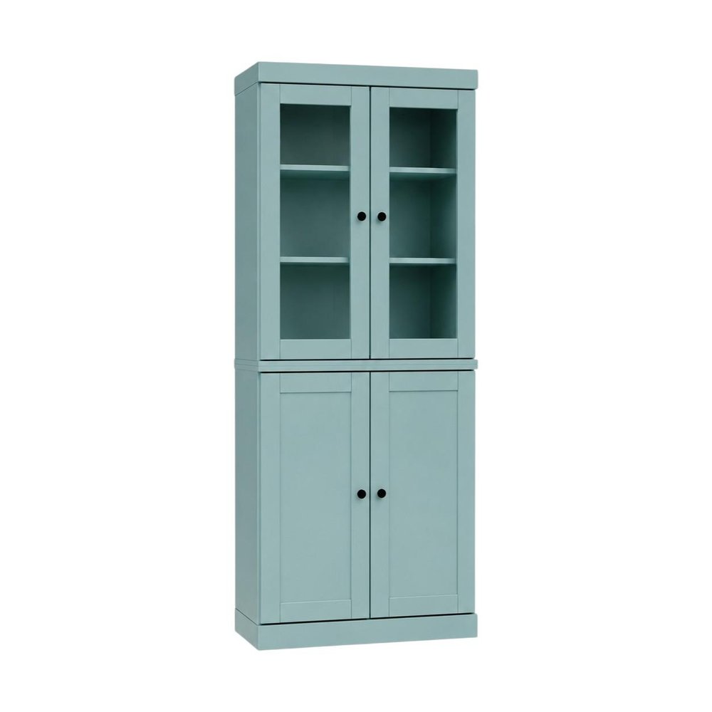 72" Aqua Solid Wood Adjustable Six Tier Library Bookcase with Two Doors
