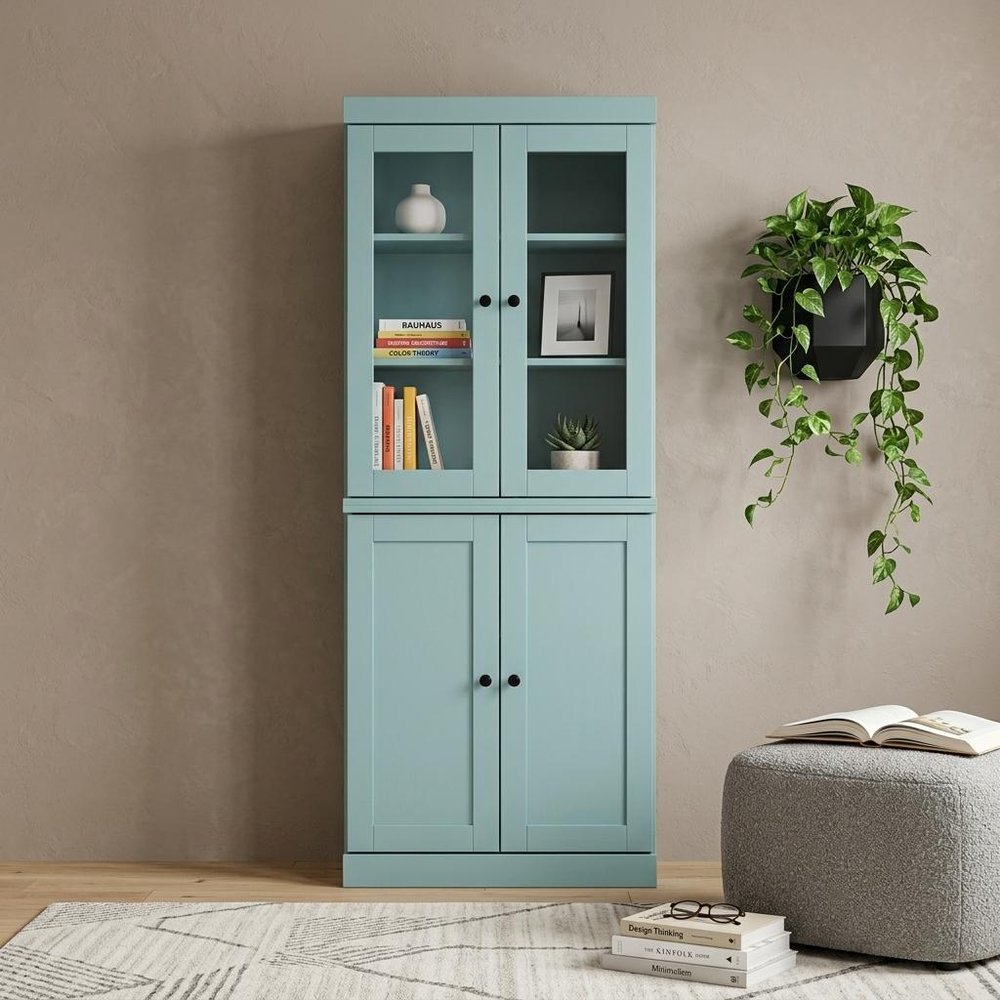 72" Aqua Solid Wood Adjustable Six Tier Library Bookcase with Two Doors