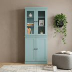 72" Aqua Solid Wood Adjustable Six Tier Library Bookcase with Two Doors