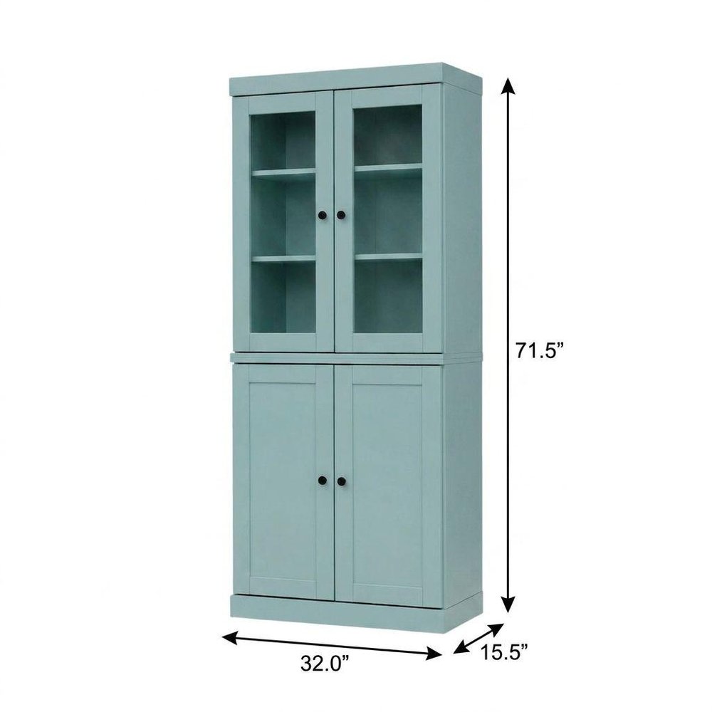 72" Aqua Solid Wood Adjustable Six Tier Library Bookcase with Two Doors