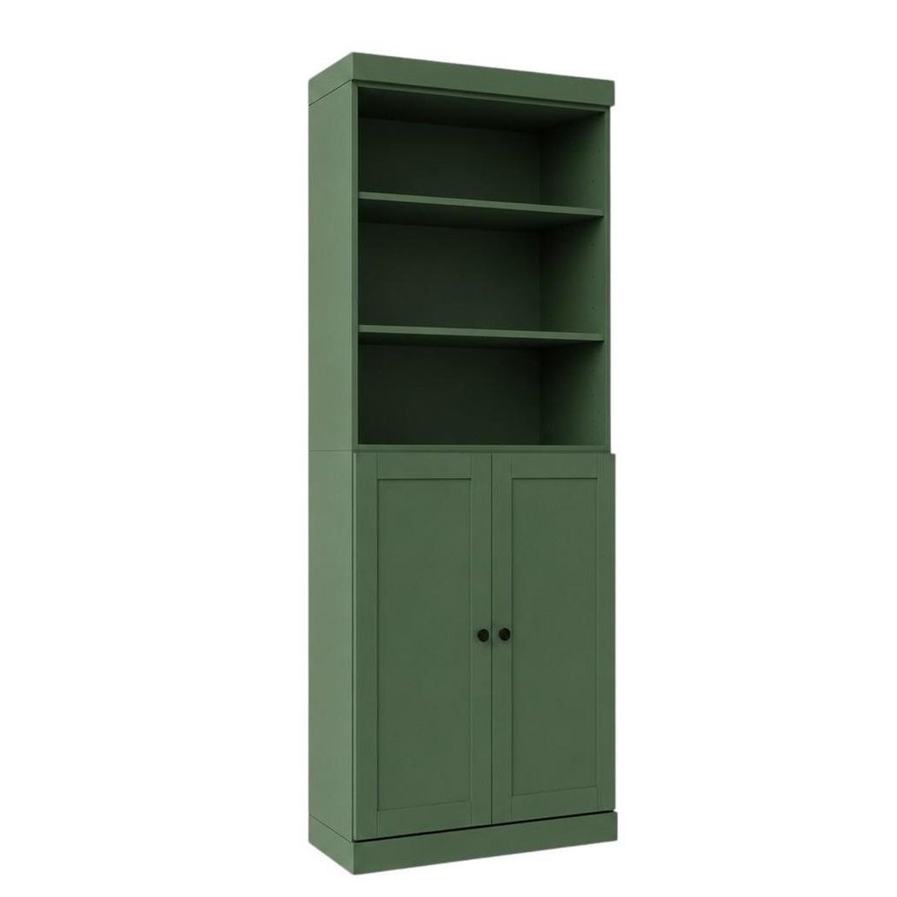 72" Green Solid Wood Adjustable Six Tier Library Bookcase with Two Doors