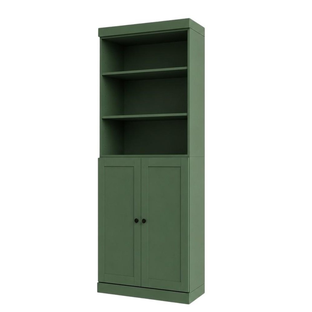 72" Green Solid Wood Adjustable Six Tier Library Bookcase with Two Doors
