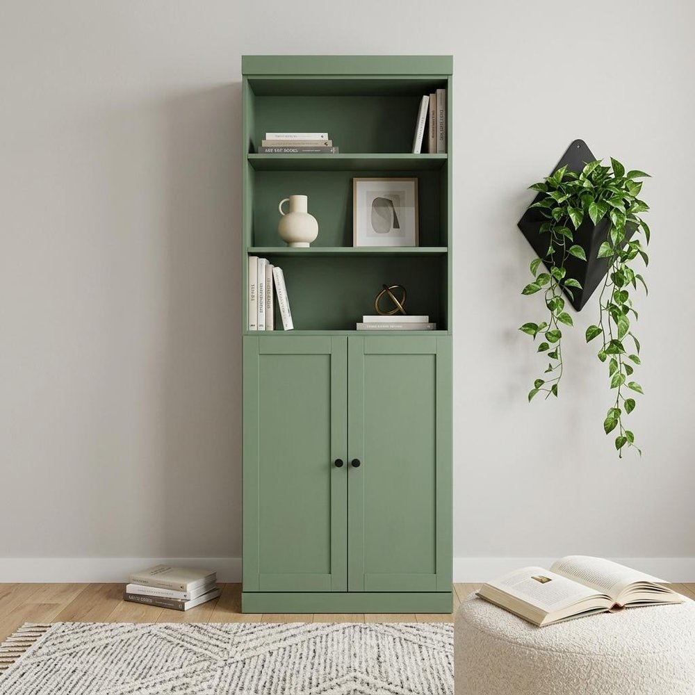 72" Green Solid Wood Adjustable Six Tier Library Bookcase with Two Doors
